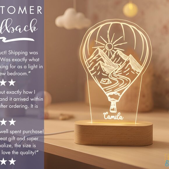 Mountain Hot Air Balloon Name Light • Personalized LED Cloud Decor • Baby Gift - Picture 7 of 8